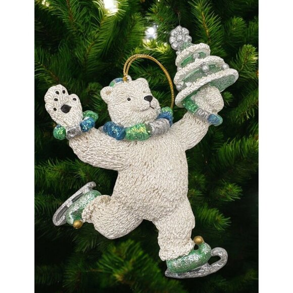 Vintage Ice Skating Polar Bear Christmas Tree Ornament Silvestri Glitter Accents - Picture 1 of 6